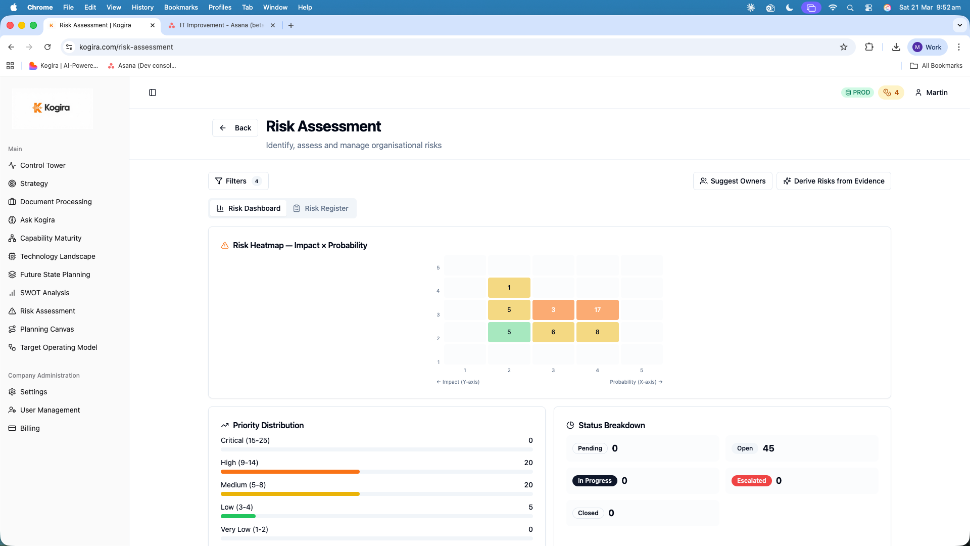 Kogira ISO 31000 risk dashboard with heatmap and evidence-linked risks